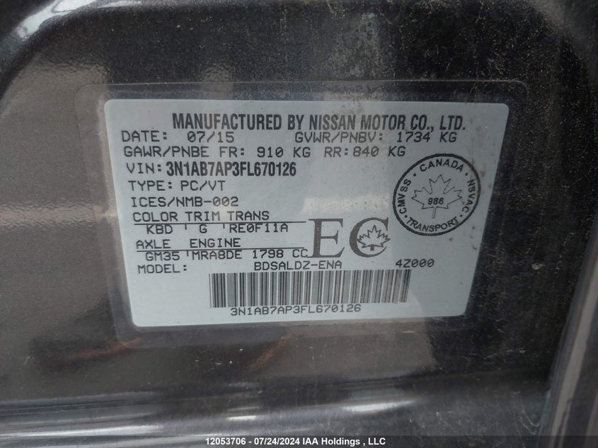 2015 Nissan Sentra VIN: 3N1AB7AP3FL670126 Lot: 12053706