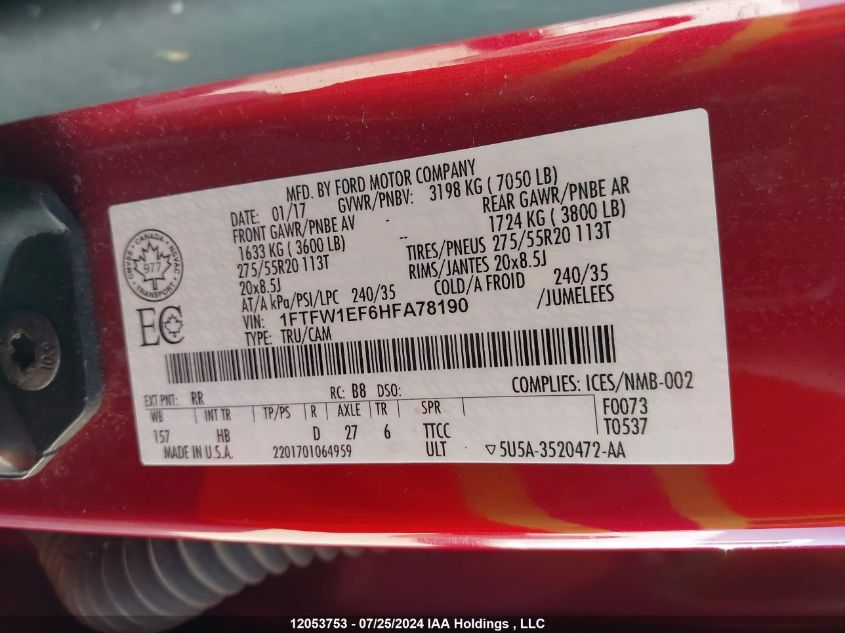 2017 Ford F-150 Lariat VIN: 1FTFW1EF6HFA78190 Lot: 12053753