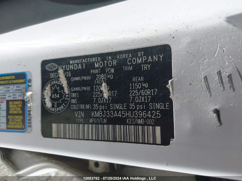 2017 Hyundai Tucson Se VIN: KM8J33A45HU396425 Lot: 12053762