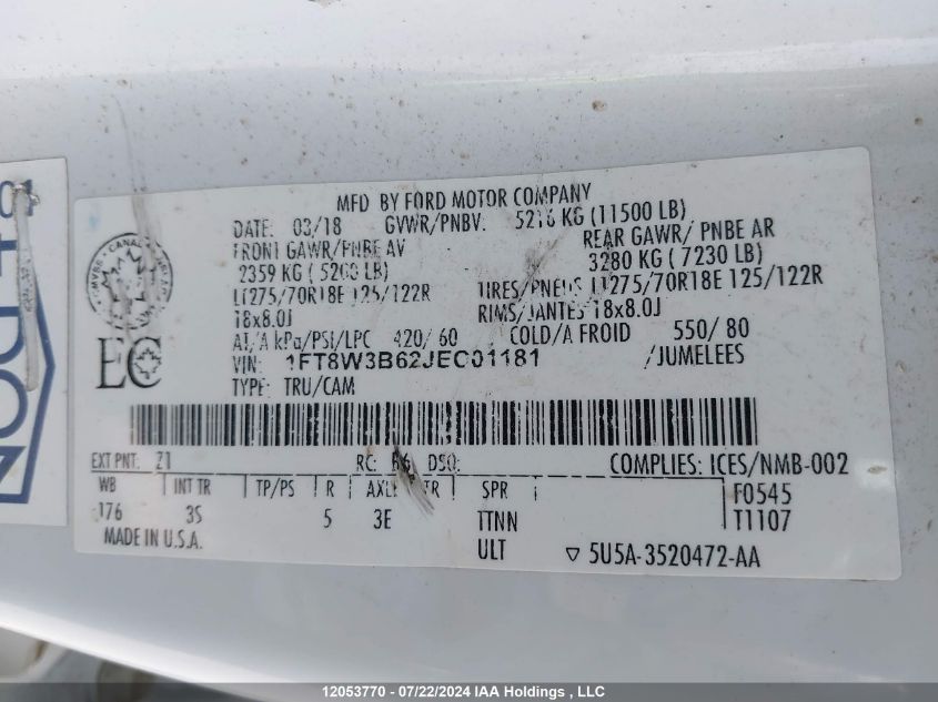 2018 Ford F350 Super Duty VIN: 1FT8W3B62JEC01181 Lot: 12053770