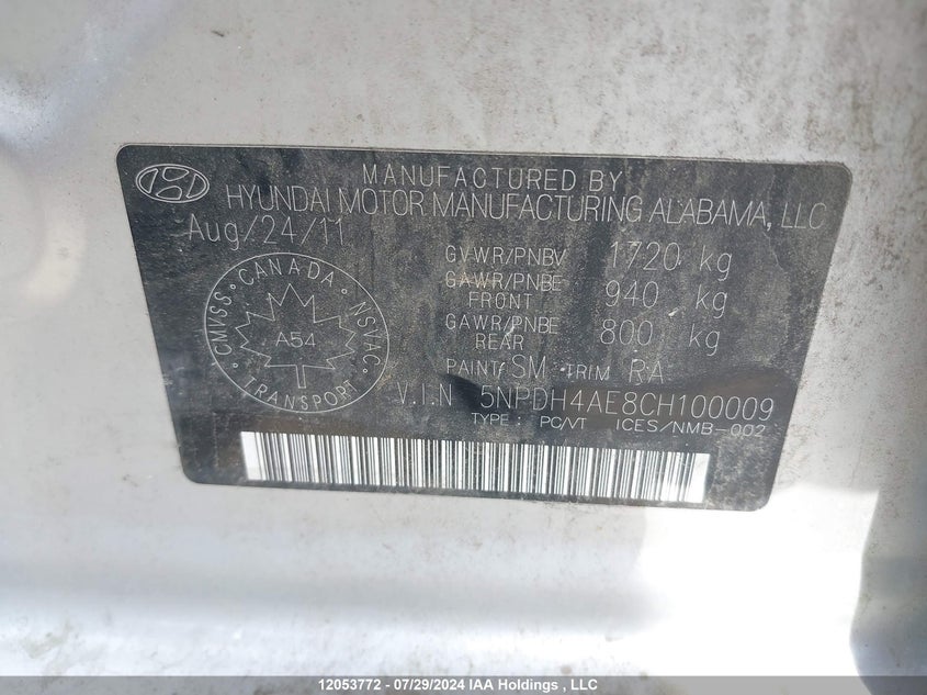 2012 Hyundai Elantra VIN: 5NPDH4AE8CH100009 Lot: 12053772