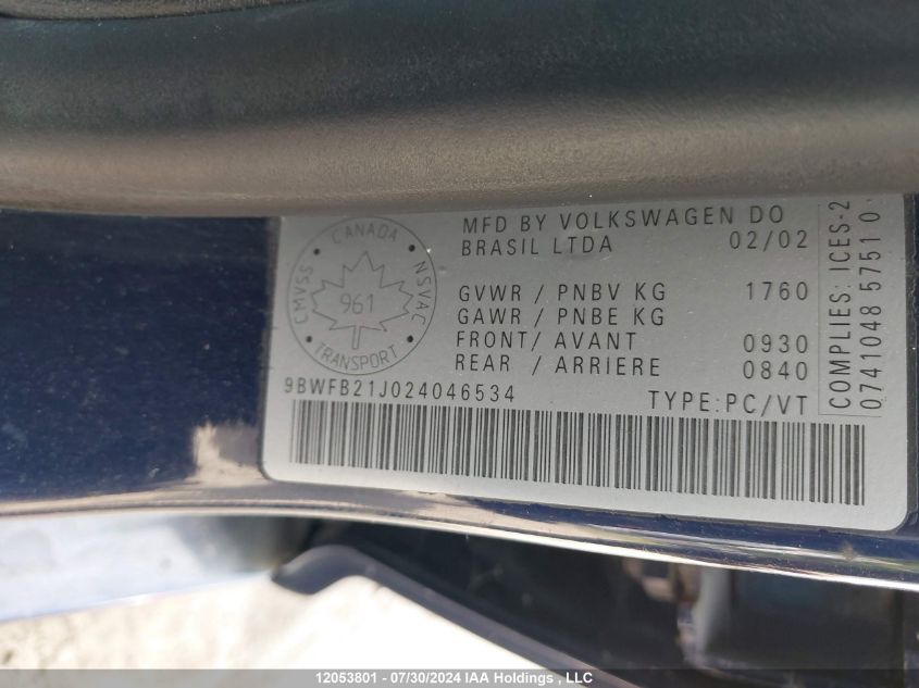 2002 Volkswagen Golf VIN: 9BWFB21J024046534 Lot: 12053801