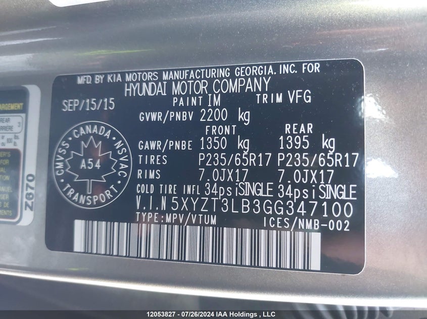 2016 Hyundai Santa Fe Sport 2.4 Base VIN: 5XYZT3LB3GG347100 Lot: 12053827