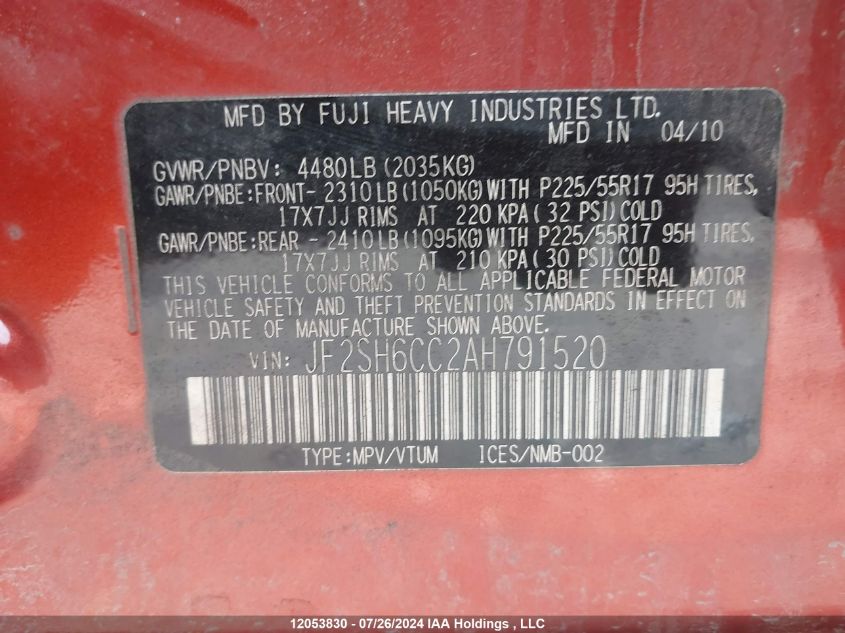 2010 Subaru Forester 2.5X Premium VIN: JF2SH6CC2AH791520 Lot: 12053830