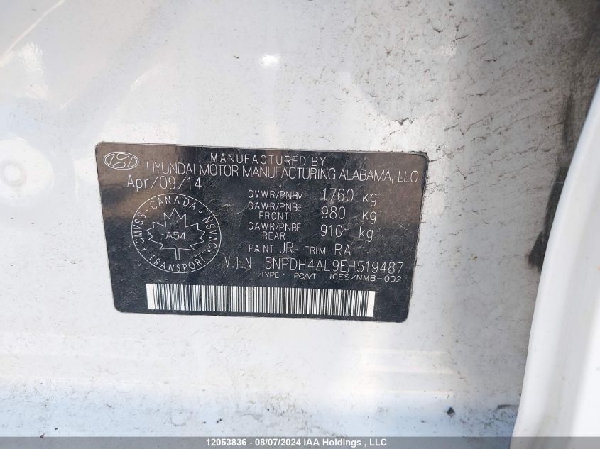 2014 Hyundai Elantra VIN: 5NPDH4AE9EH519487 Lot: 12053836