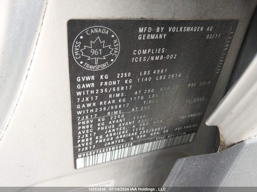 2011 Volkswagen Tiguan VIN: WVGBV7AX3BW545328 Lot: 12053838