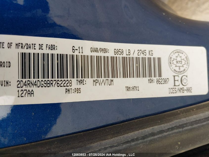 2011 Dodge Grand Caravan Se/Sxt VIN: 2D4RN4DG9BR762228 Lot: 12053853