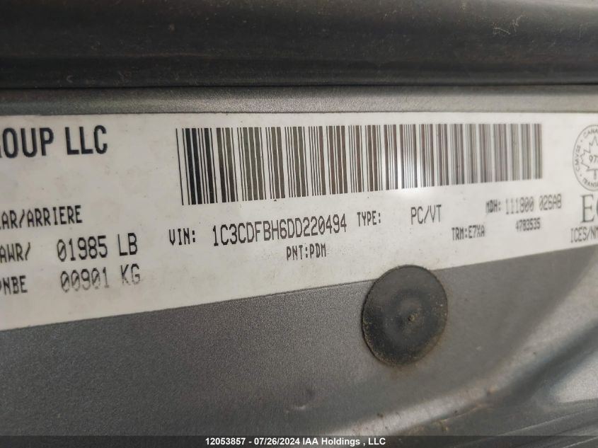 2013 Dodge Dart Sxt/Rallye VIN: 1C3CDFBH6DD220494 Lot: 12053857