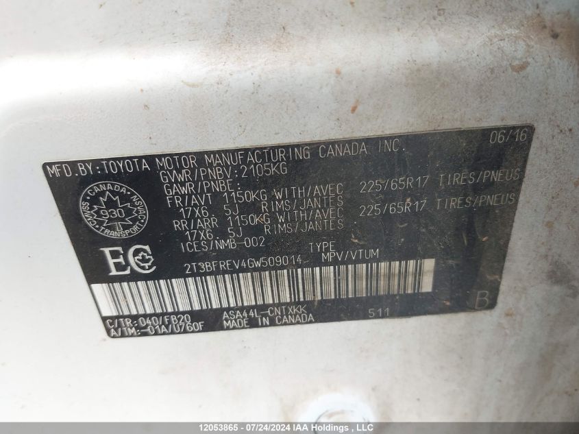 2016 Toyota Rav4 Le VIN: 2T3BFREV4GW509014 Lot: 12053865