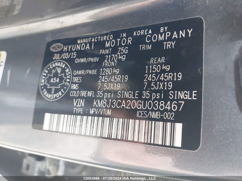 2016 Hyundai Tucson Limited VIN: KM8J3CA20GU038467 Lot: 12053866