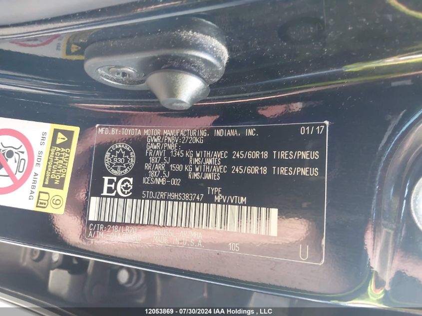 2017 Toyota Highlander VIN: 5TDJZRFH9HS383747 Lot: 12053869