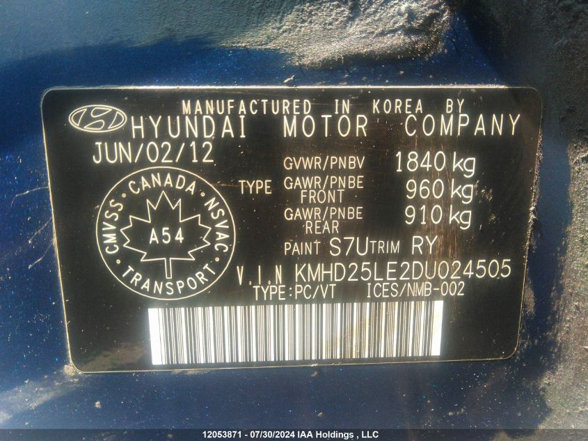 2013 Hyundai Elantra Gt Gl VIN: KMHD25LE2DU024505 Lot: 12053871