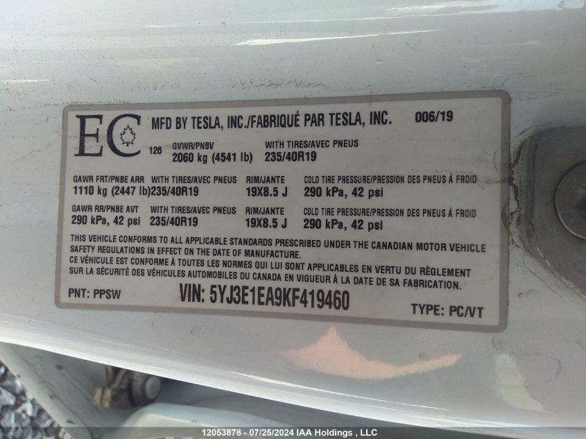 2019 Tesla Model 3 VIN: 5YJ3E1EA9KF419460 Lot: 12053878