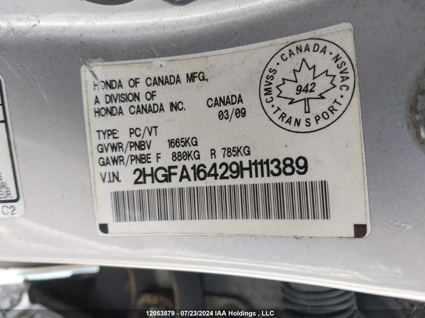 2009 Honda Civic Dx-G VIN: 2HGFA16429H111389 Lot: 12053879