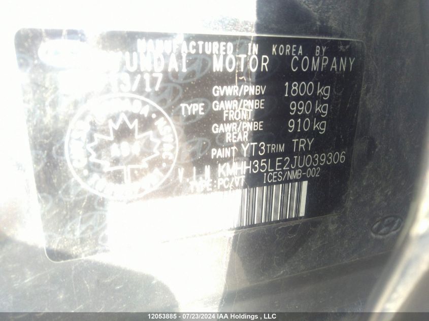 2018 Hyundai Elantra Gt VIN: KMHH35LE2JU039306 Lot: 12053885
