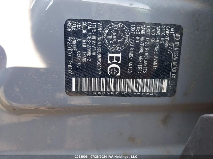 2021 Nissan Rogue VIN: JN8AT3DD9MW306017 Lot: 12053906