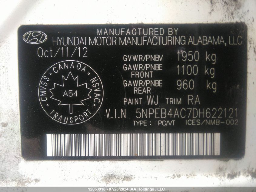 2013 Hyundai Sonata Gls VIN: 5NPEB4AC7DH622121 Lot: 12053918