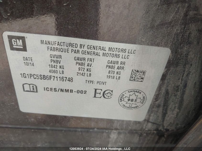 2015 Chevrolet Cruze VIN: 1G1PC5SB6F7116748 Lot: 12053924