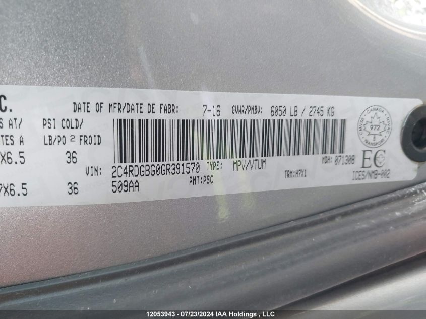 2016 Dodge Grand Caravan Se VIN: 2C4RDGBG0GR391570 Lot: 12053943