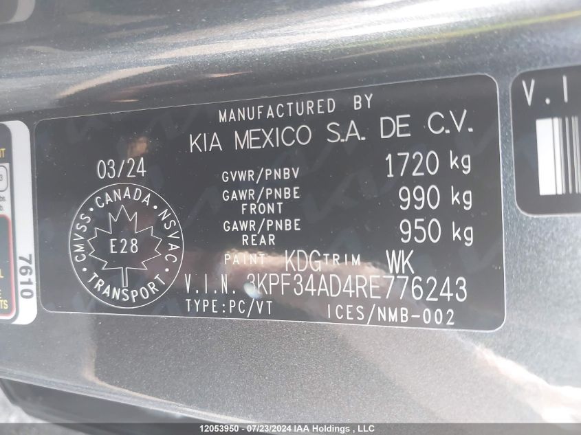 2024 Kia Forte Ex/Ex+/Ex Premium VIN: 3KPF34AD4RE776243 Lot: 12053950