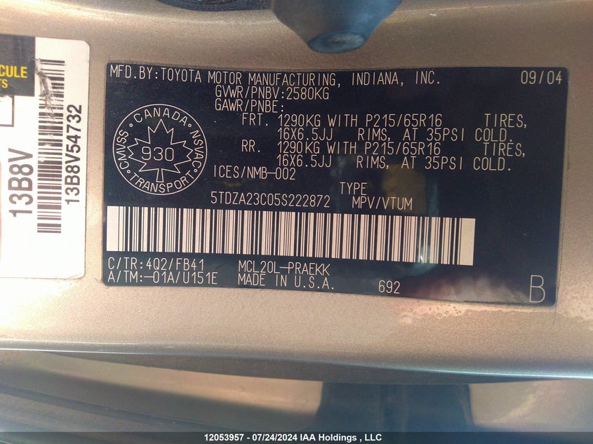 2005 Toyota Sienna Ce/Le VIN: 5TDZA23C05S222872 Lot: 12053957