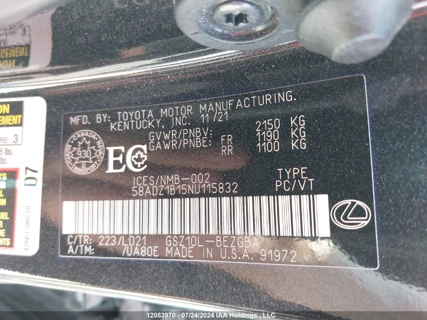 2022 Lexus Es 350 350 VIN: 58ADZ1B15NU115832 Lot: 12053970