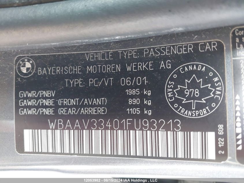 2001 BMW 3 Series VIN: WBAAV33401FU93213 Lot: 12053982