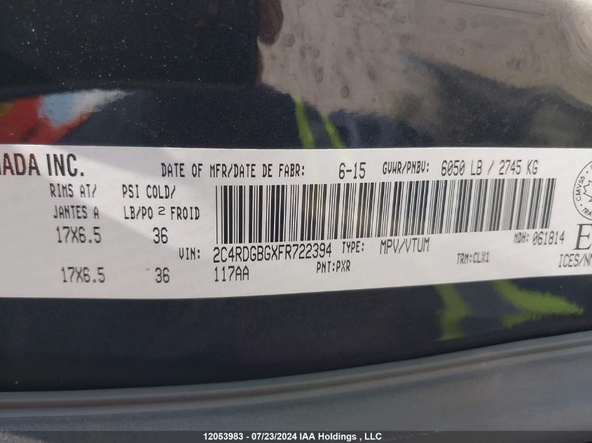 2015 Dodge Grand Caravan Se VIN: 2C4RDGBGXFR722394 Lot: 12053983