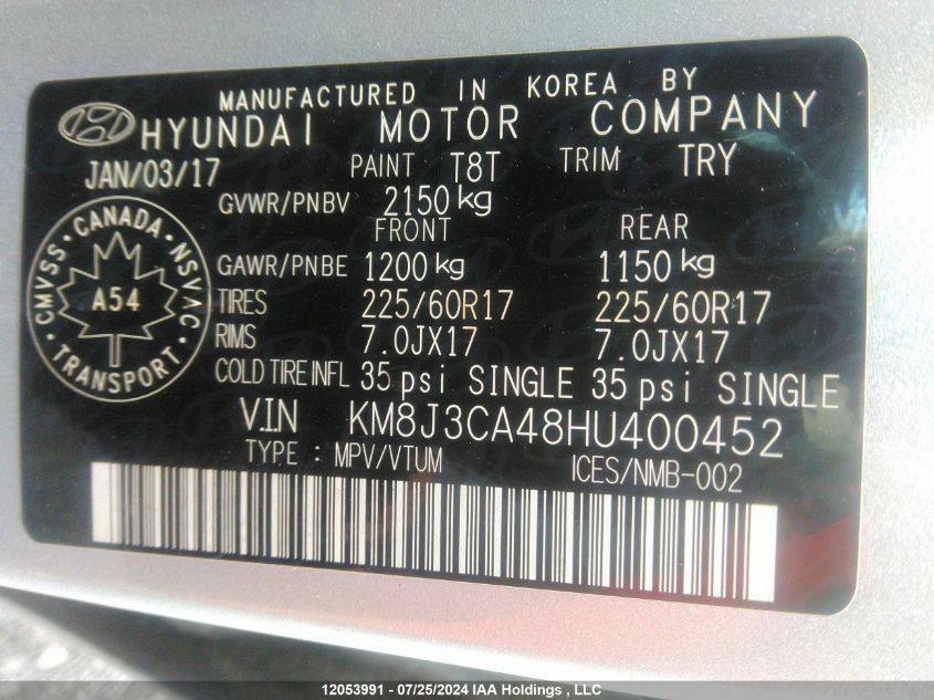 2017 Hyundai Tucson Se VIN: KM8J3CA48HU400452 Lot: 12053991