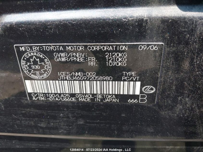 2007 Lexus Es 350 350 VIN: JTHBJ46G972058980 Lot: 12054014