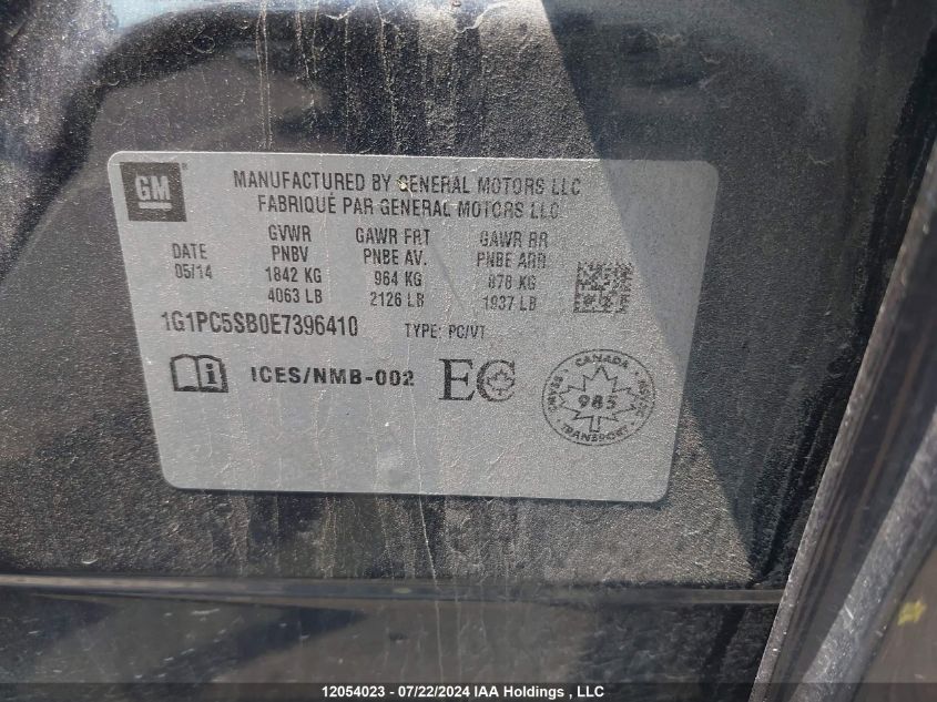 2014 Chevrolet Cruze Lt VIN: 1G1PC5SB0E7396410 Lot: 12054023