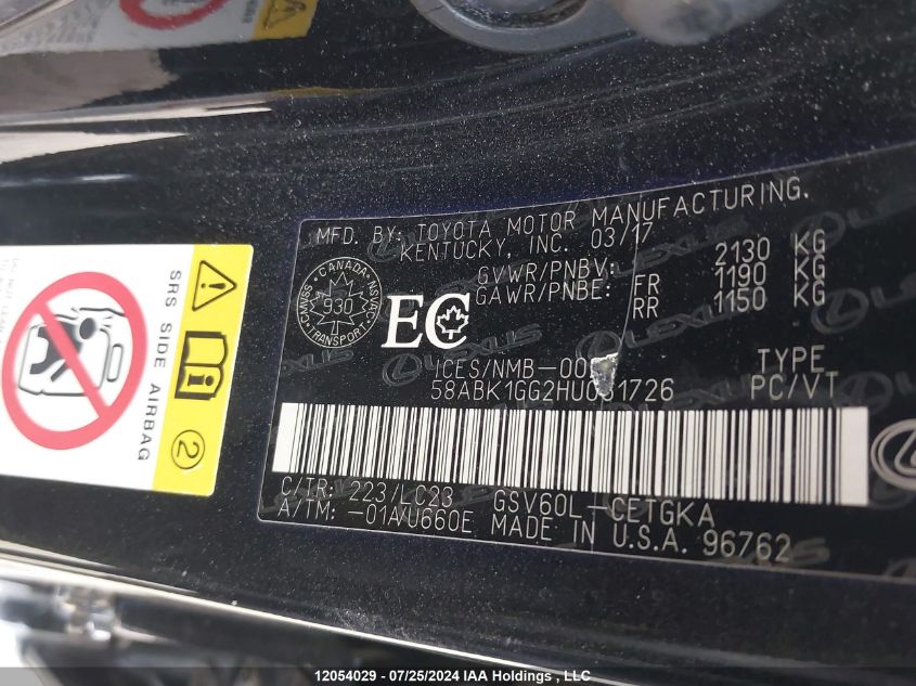 2017 Lexus Es 350 350 VIN: 58ABK1GG2HU061726 Lot: 12054029