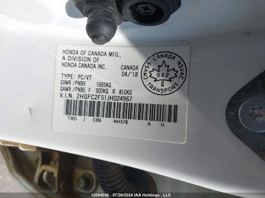 2018 Honda Civic VIN: 2HGFC2F51JH024967 Lot: 12054030