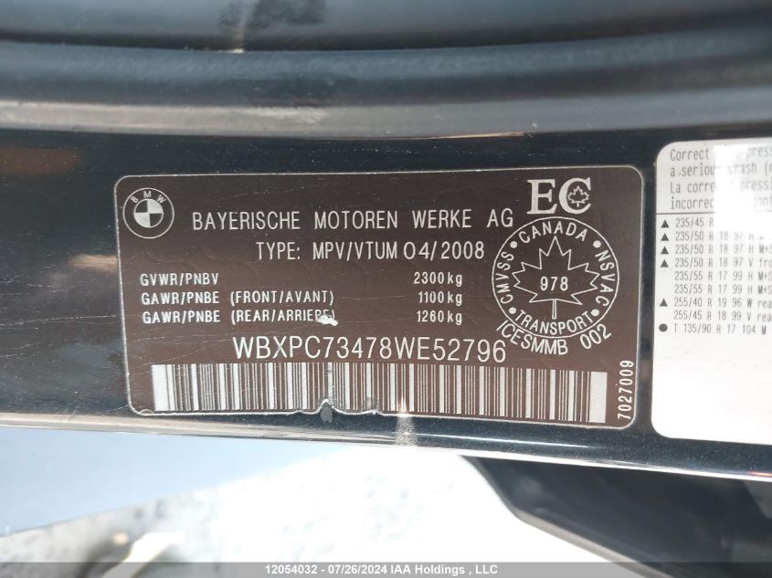 2008 BMW X3 3.0I VIN: WBXPC73478WE52796 Lot: 12054032