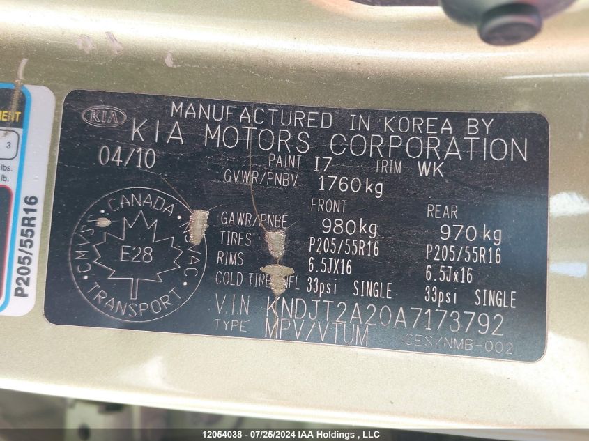 2010 Kia Soul VIN: KNDJT2A20A7173792 Lot: 12054038