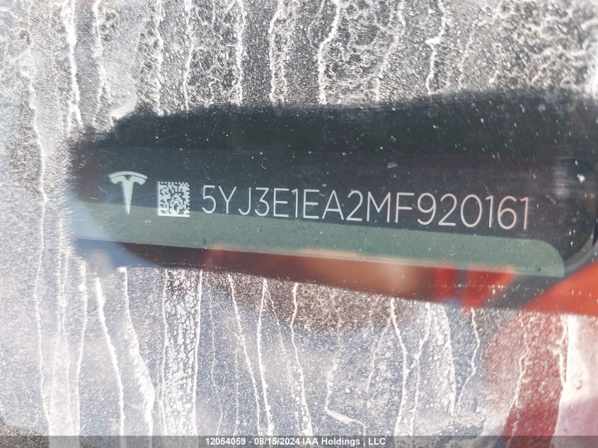2021 Tesla Model 3 VIN: 5YJ3E1EA2MF920161 Lot: 12054059