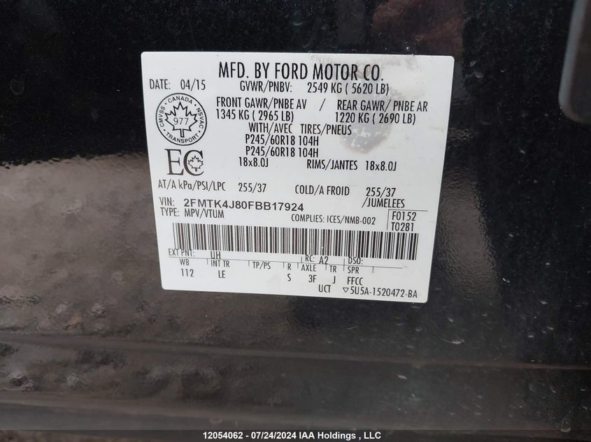 2015 Ford Edge Sel VIN: 2FMTK4J80FBB17924 Lot: 12054062