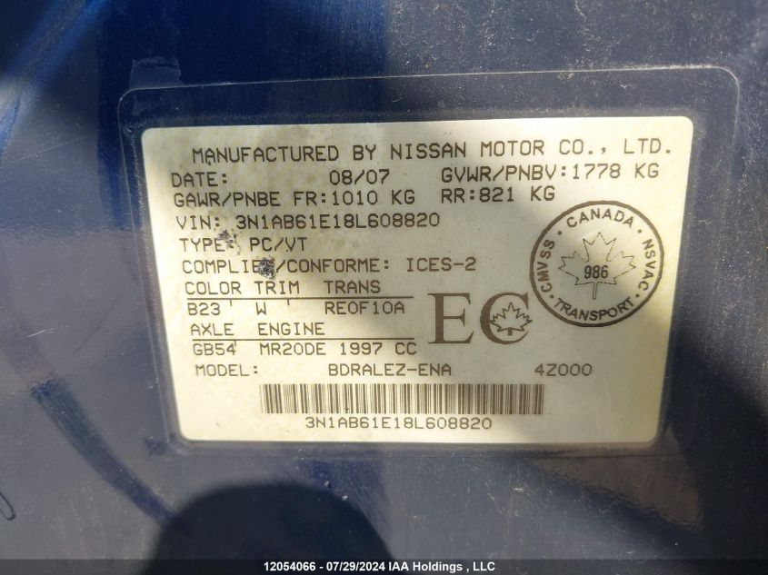 2008 Nissan Sentra 2.0S VIN: 3N1AB61E18L608820 Lot: 12054066