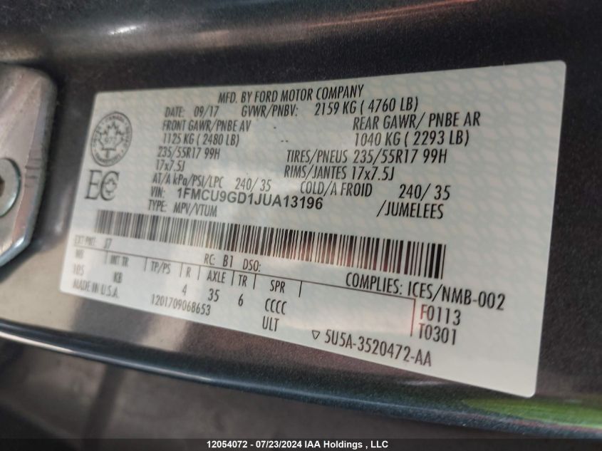 2018 Ford Escape Se VIN: 1FMCU9GD1JUA13196 Lot: 12054072