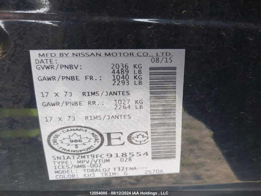 2015 Nissan Rogue VIN: 5N1AT2MT9FC918554 Lot: 12054085