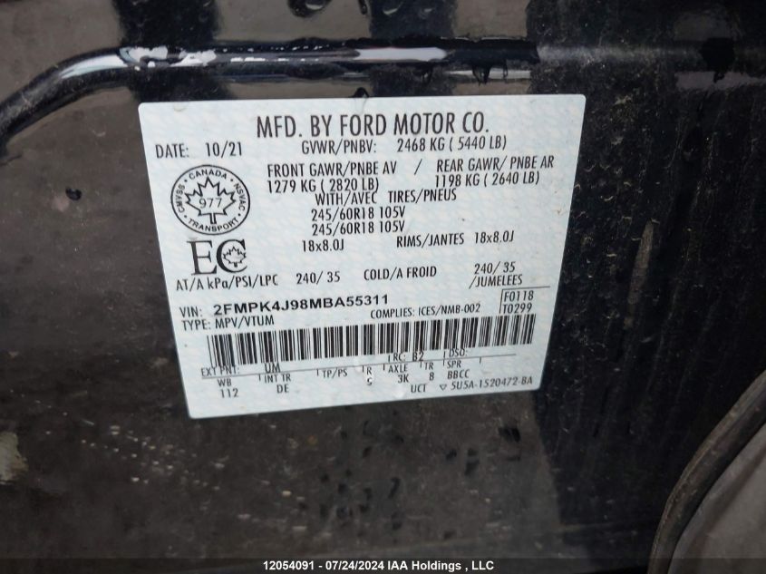 2021 Ford Edge Sel VIN: 2FMPK4J98MBA55311 Lot: 12054091