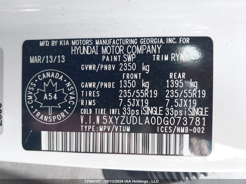 2013 Hyundai Santa Fe Sport 2.0T Se VIN: 5XYZUDLA0DG073781 Lot: 12054107