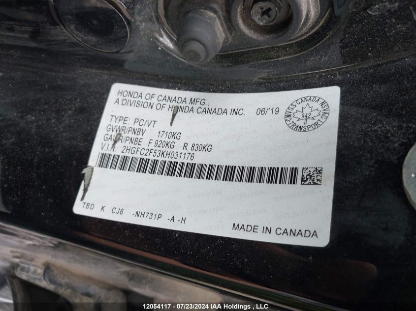 2019 Honda Civic Sedan VIN: 2HGFC2F53KH031176 Lot: 12054117