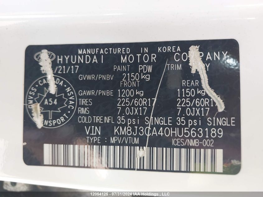 2017 Hyundai Tucson Luxury VIN: KM8J3CA40HU563189 Lot: 12054125