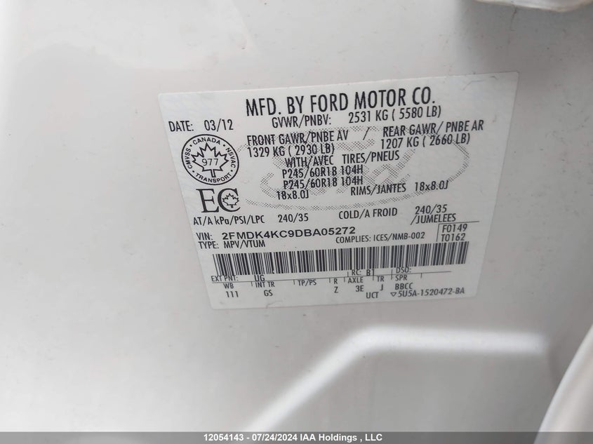 2013 Ford Edge Limited VIN: 2FMDK4KC9DBA05272 Lot: 12054143