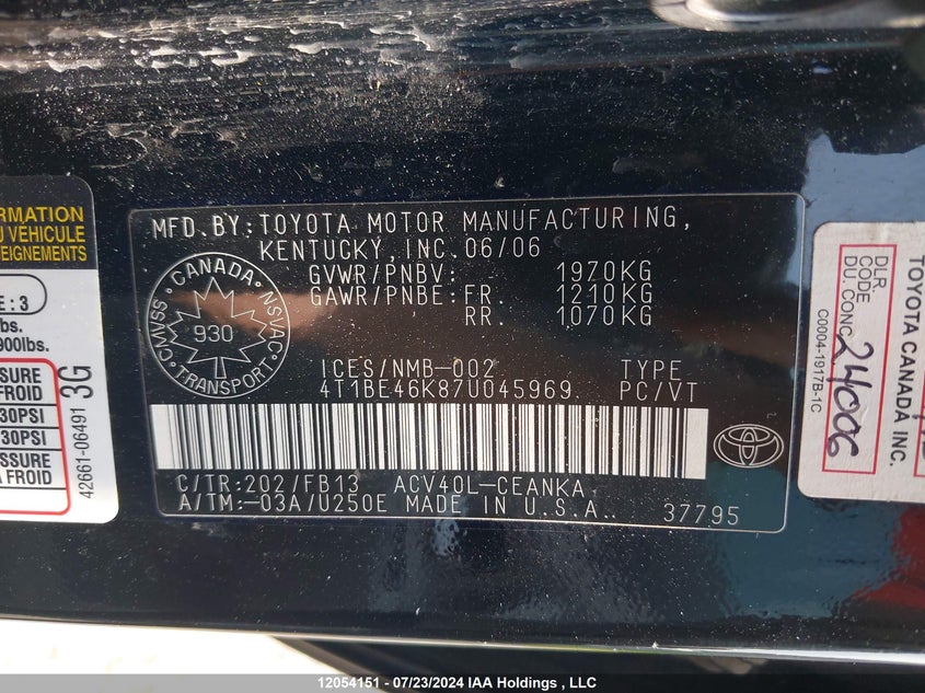 2007 Toyota Camry Le/Se VIN: 4T1BE46K87U045969 Lot: 12054151