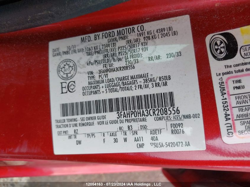 2012 Ford Fusion Se VIN: 3FAHP0HA3CR208556 Lot: 12054163