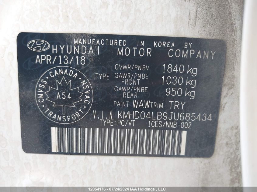2018 Hyundai Elantra Sport VIN: KMHD04LB9JU685434 Lot: 12054176