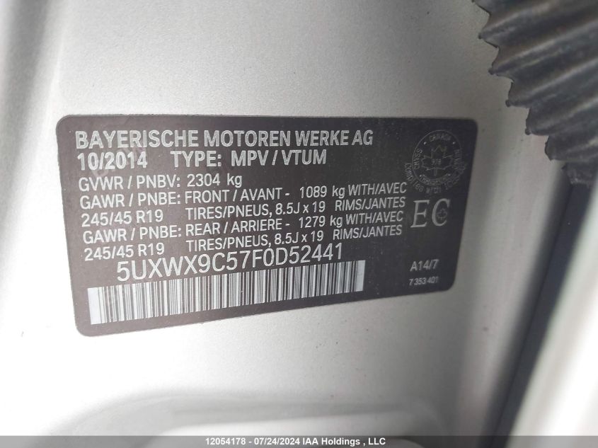 2015 BMW X3 VIN: 5UXWX9C57F0D52441 Lot: 12054178