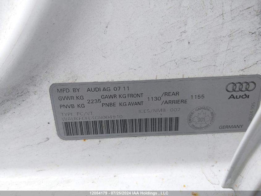 2012 Audi A4 VIN: WAUKFCFL4CN004910 Lot: 12054179